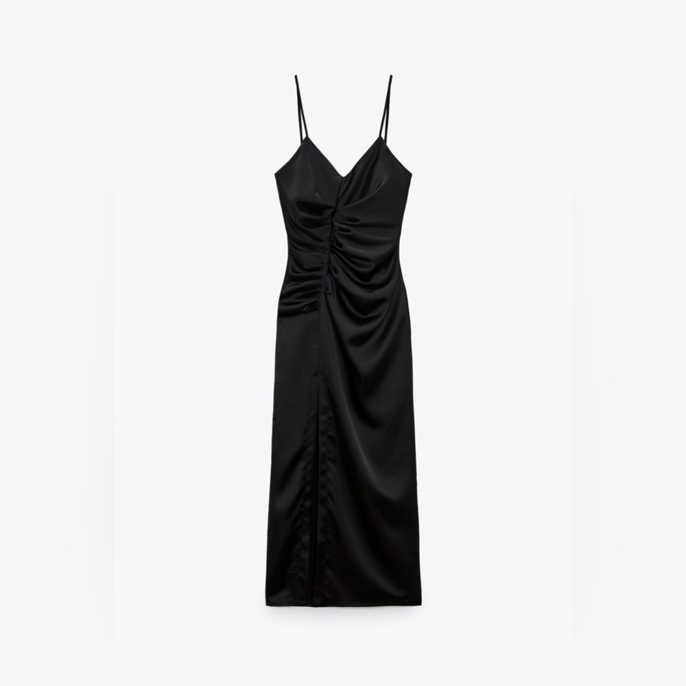 New with Tags Zara Black Midi Ruched Satin Dress with Slit Size XS - Picture 4 of 13